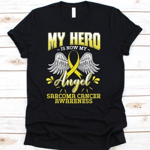 Mijn held is nu mijn engel shirt, awareness gift voor sarcoma kanker warrior fighter overlevende, zeldzame kanker ziekte Tshirt voor mannen en vrouwen