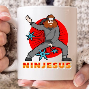 Ninjesus Mug, Funny Religious Coffee Mug For Faithful Pastors, Jesus Ninja Biblical Cup For Ninjutsu Lovers And Christian Believers