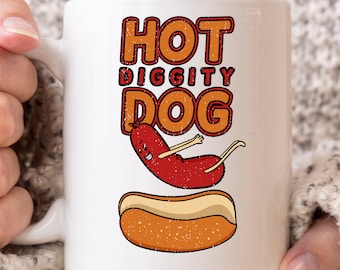 Hot Diggity Dog Mug, Funny Delicious Sausage Coffee Cup for Boys and Girls, Eating Hotdog Gift Idea for Corn Dog Lovers and Foodies