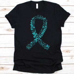 Fight Love Hope Ribbon Shirt, Cancer Awareness Gift For Ovarian Cancer Warrior, Cancer Fighter Graphic, Ovarian Cancer Teal Ribbon T-Shirt