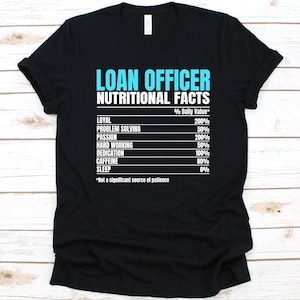 May include: Black t-shirt with the text "LOAN OFFICER NUTRITIONAL FACTS" in white and light blue. The shirt lists the daily value percentages for qualities like loyalty, problem-solving, and caffeine.