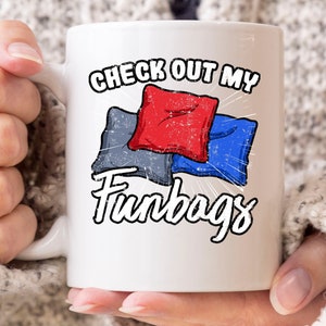 Sprawdź mój kubek Funbags, zabawny kubek Beag Bag do kawy dla gracza Cornhole, uroczy pomysł na prezent z grą sportową dla mężczyzn i kobiet grających w Cornhole