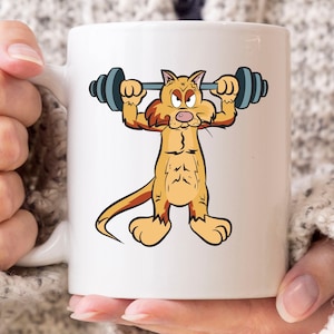 Weightlifter Cat Mug, Weightlifting Cat Gift Idea For Gym Coach and Fitness Instructor, Bodybuilder Kitty Lifting Barbell Coffee Cup