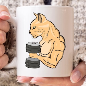 Weightlifter Cat Mug, Weightlifting Cat Gift Idea For Gym Coach and Fitness Instructor, Bodybuilder Kitty Lifting Barbell Coffee Cup
