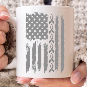 Gray Ribbon US Flag Mug, Brain Cancer Awareness Coffee Mug, Gift For Brain Cancer Fighter, Grey Ribbon Design, July 4th, Independence Day