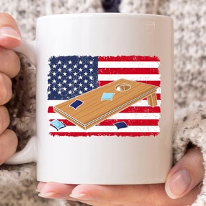 Cornhole US Flag Mug, Cornhole Player Coffee Mug, Bean Bag Toss, Cornhole Lovers, Sack Toss, Lawn Game, Independence Day, July 4th, US Flag