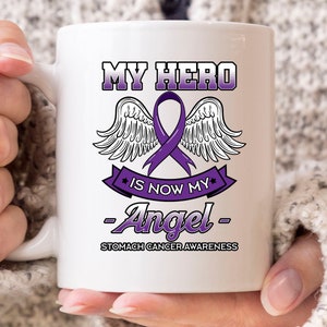 My Hero Is Now My Angel Mug, Stomach Cancer Awareness Coffee Mug, Gift For Stomach Cancer Fighter, Cancer Warrior Cup, Stomach Cancer Ribbon