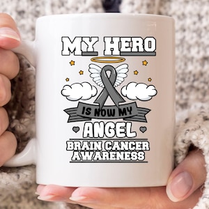 My Hero Is Now My Angel Mug, Brain Cancer Awareness Coffee Mug, Gift For Brain Cancer Fighter, Brain Cancer Warrior Cup, Grey Ribbon Design