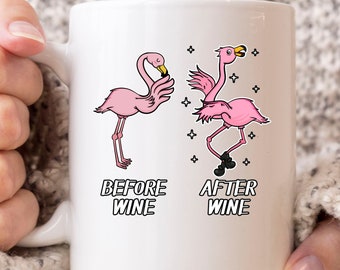 Before Wine After Wine Mug, Cute Pink Flamingo Coffee Cup Present For Women, Cute I Love Wine Gift Idea For Flamingo Wine Lovers