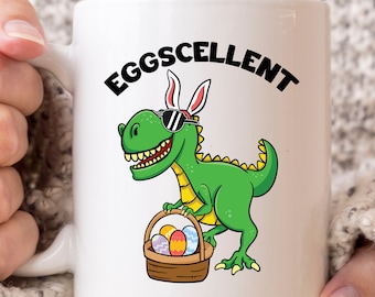 Eggscellent Mug, Cute Easter Dinosaur Egg Hunting Coffee Cup For Dino Lover Men Women, Easter Bunny Basket For T-rex Dinosaur Fans