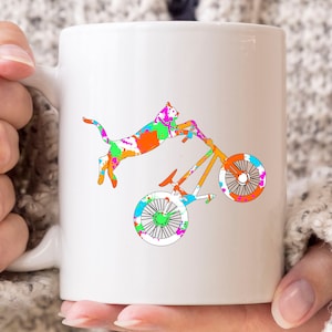 BMX Cat Mug, Funny Cat On A Bike Coffee Cup For Men Women, Cute Biking Gift Idea For Cat Lovers Owner, Kitty Riding Bicycle Mug
