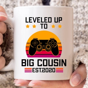 Leveled Up To Big Cousin Mug, Baby Announcement Gaming Coffee Cup For Soon To Be Big Cousins, Video Game Gift For Boys Girls, Gamer Cousin