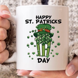 Happy St. Patricks Day Mug, Funny Irish Coffee Cup For Lucky Popcorn Eater Lover, Leprechaun Hat Shamrock Gift For Proud Irish Men Women