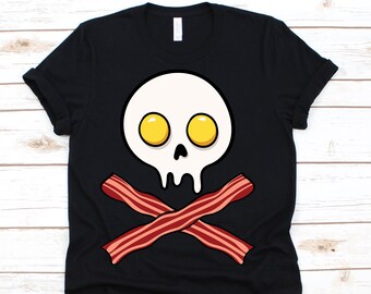 Bacon en eieren schedel en Crossbones shirt, spek, ei, Ontbijt, spek slice, eten spek, spek geschenk, bacon Lover
