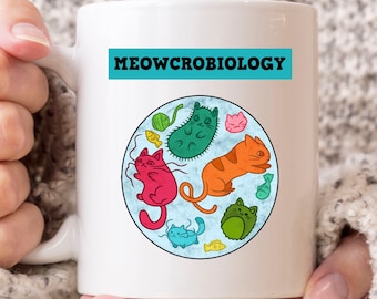 Puede incluir: Taza de cerámica blanca con el texto "MEOWCROBIOLOGY" en una pancarta turquesa. La taza presenta un gráfico circular de microbios con forma de gato de dibujos animados en rojo, naranja, verde y azul, con detalles de hilo y pescado. La taza está sujeta por una persona.