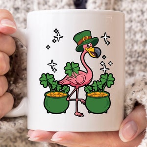 St. Patricks Day Flamingo Mug, Funny Irish Coffee Cup For Flamingo Lover Men Women, Leprechaun Shamrock Gift For Pink Flamingos Fans