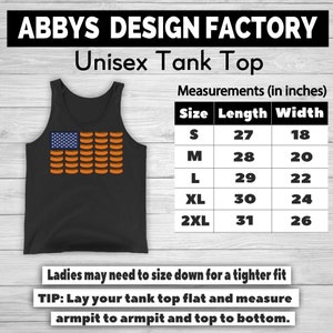 May include: Black unisex tank top featuring a graphic of the American flag made of hot dogs. The tank top has a measurement chart with sizes S to 2XL, with lengths from 27 to 31 inches and widths from 18 to 26 inches.
