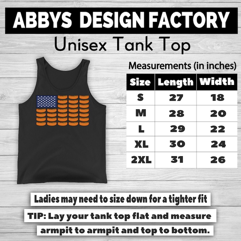May include: Black unisex tank top featuring a graphic of the American flag made of hot dogs. The tank top has a measurement chart with sizes S to 2XL, with lengths from 27 to 31 inches and widths from 18 to 26 inches.