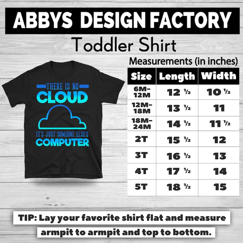 May include: Black toddler shirt with the text "THERE IS NO CLOUD IT'S JUST SOMEONE ELSE'S COMPUTER" in blue and turquoise. Measurements chart in inches is included. The shirt is from Abbys Design Factory.