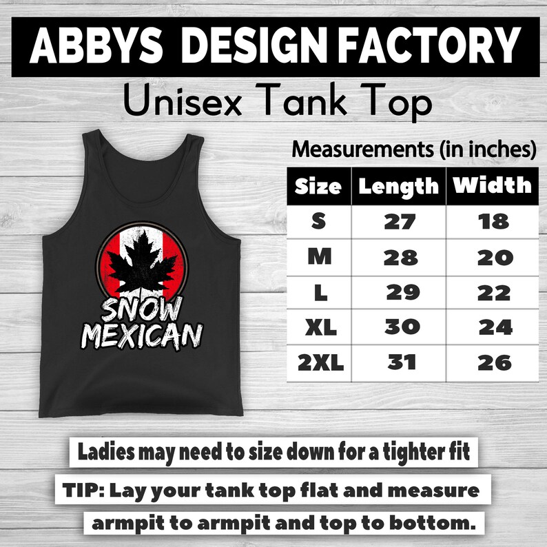 Pode incluir: Camiseta sem mangas unissex preta com um gr&aacute;fico que diz "SNOW MEXICAN" em texto branco. O gr&aacute;fico inclui uma folha de bordo preta dentro de um c&iacute;rculo vermelho, com uma borda branca. Medidas em cm.