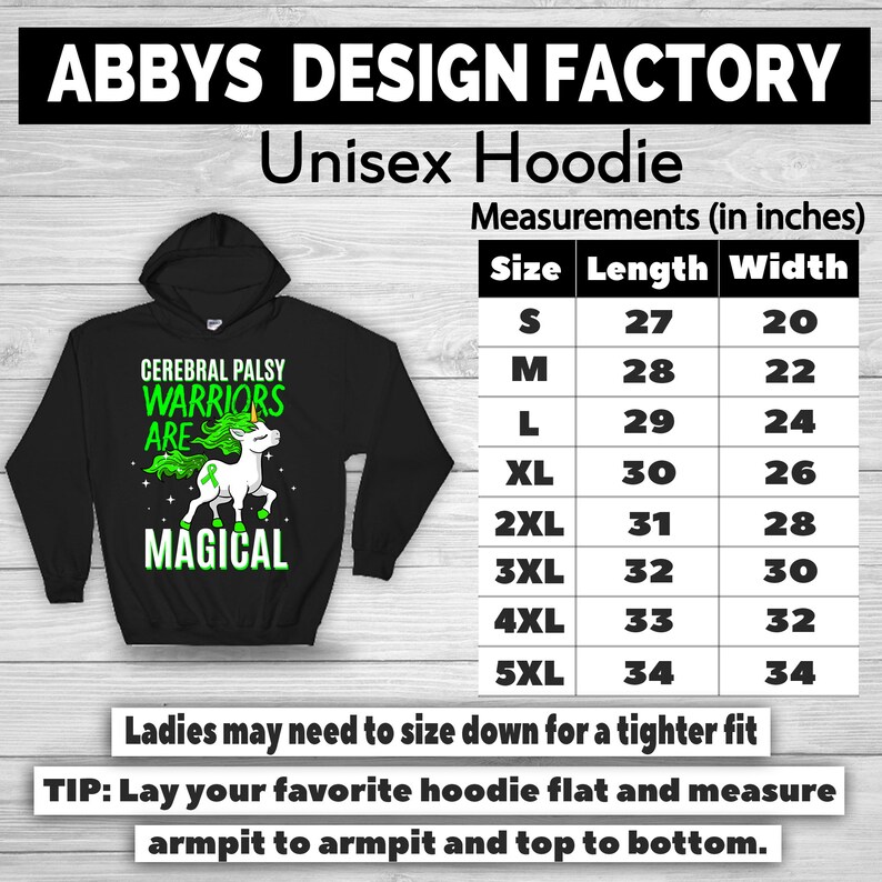 May include: Black unisex hoodie with a graphic of a unicorn, a green ribbon, and the words "CEREBRAL PALSY WARRIORS ARE MAGICAL." Measurements are provided in inches. The hoodie is available in sizes S to 5XL.
