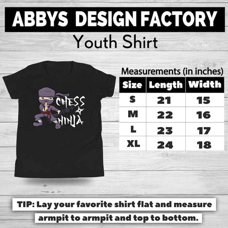 May include: Black youth shirt with a cartoon ninja graphic and the text "Chess Ninja". Measurements are provided in inches: S (21" length, 15" width), M (22" length, 16" width), L (23" length, 17" width), XL (24" length, 18" width).