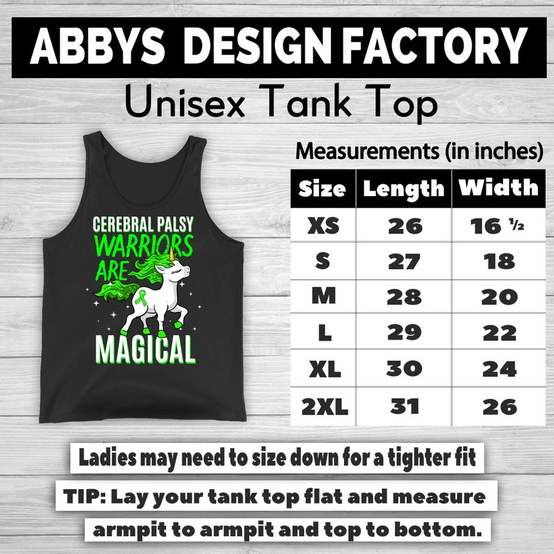 May include: Black unisex tank top with a graphic that reads "CEREBRAL PALSY WARRIORS ARE MAGICAL" featuring a unicorn with green hair and a green ribbon. Measurements are provided in inches, with sizes ranging from XS to 2XL.