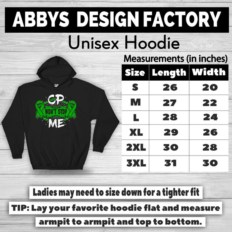 May include: Black unisex hoodie with the text "CP WON'T STOP ME" in green and white. The hoodie has a drawstring hood and a front pocket. Measurements are provided in inches for sizes S to 3XL.