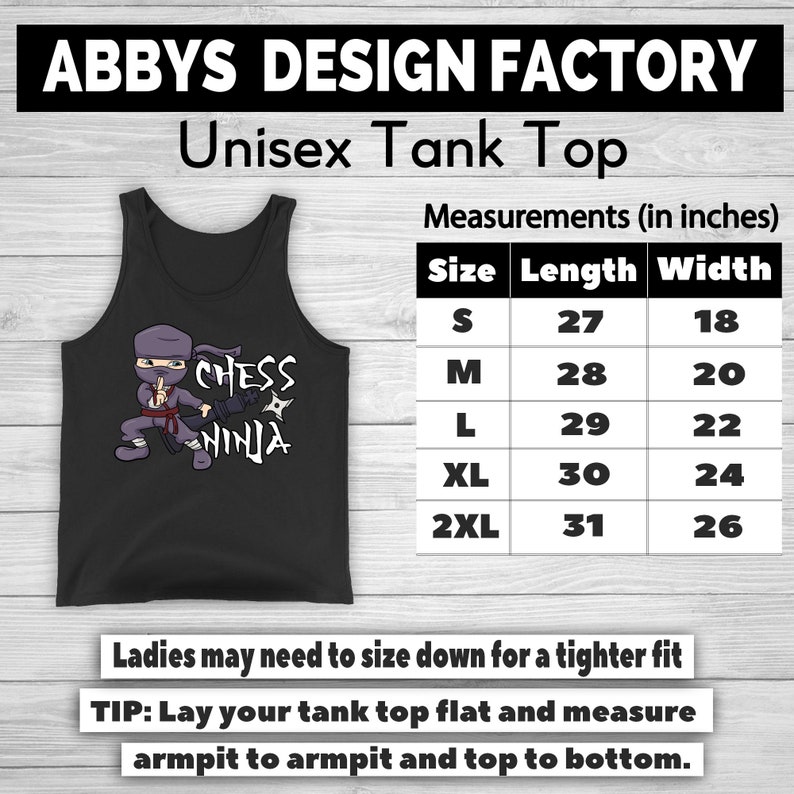May include: Black unisex tank top with a "Chess Ninja" graphic. The design features a cartoon ninja in purple and red. Measurements are provided in inches, with sizes ranging from S to 2XL.