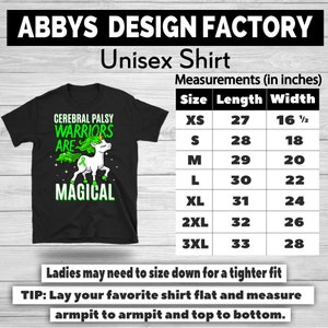 May include: Black unisex t-shirt with a unicorn graphic and the text "CEREBRAL PALSY WARRIORS ARE MAGICAL" in green and white. Measurements are provided in inches, with a length of 30 inches for size L and a width of 22 inches.