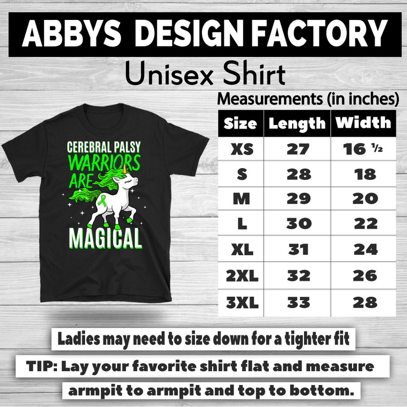 May include: Black unisex t-shirt with a unicorn graphic and the text "CEREBRAL PALSY WARRIORS ARE MAGICAL" in green and white. Measurements are provided in inches, with a length of 30 inches for size L and a width of 22 inches.
