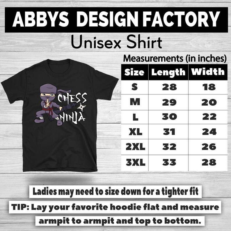 May include: Black unisex t-shirt with a cartoon ninja graphic and the text "Chess Ninja". The shirt includes a size chart with measurements in inches. The text "ABBYS DESIGN FACTORY" is at the top.