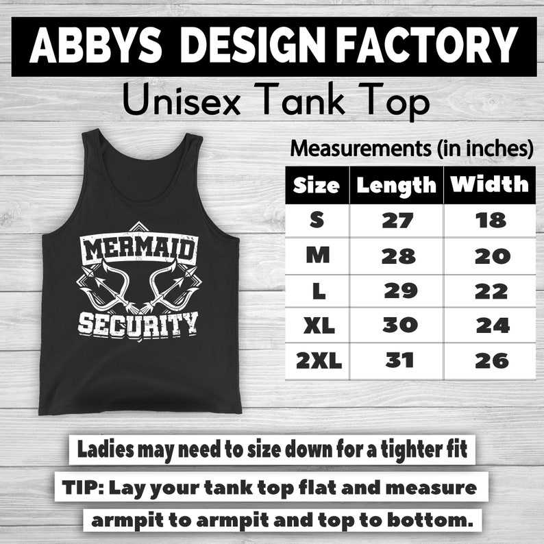 Puede incluir: Camiseta sin mangas unisex negra con el texto "MERMAID SECURITY" en blanco. La camiseta sin mangas tiene un gr&aacute;fico de dos tridentes cruzados. Las medidas se proporcionan en pulgadas, con tallas de S a 2XL.