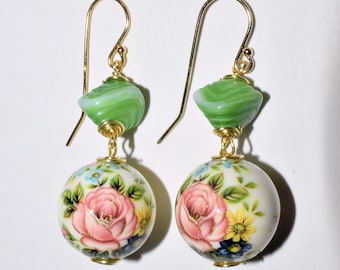 Large 16 mm Japanese Tensha Acrylic Floral Flower Beads & Vintage Czech Glass Beads with 14K Gold Filled French Wires