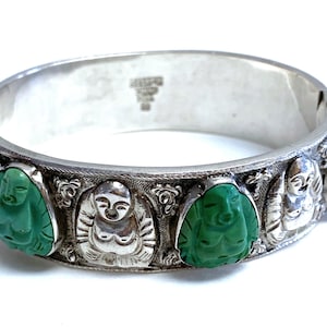 Superb Antique Art Deco Chinese Silver Carved Turquoise Buddha Bangle Bracelet Marked