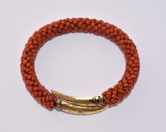 Antique Victorian 14K Yellow Gold Woven Salmon Red Coral Beaded Bracelet