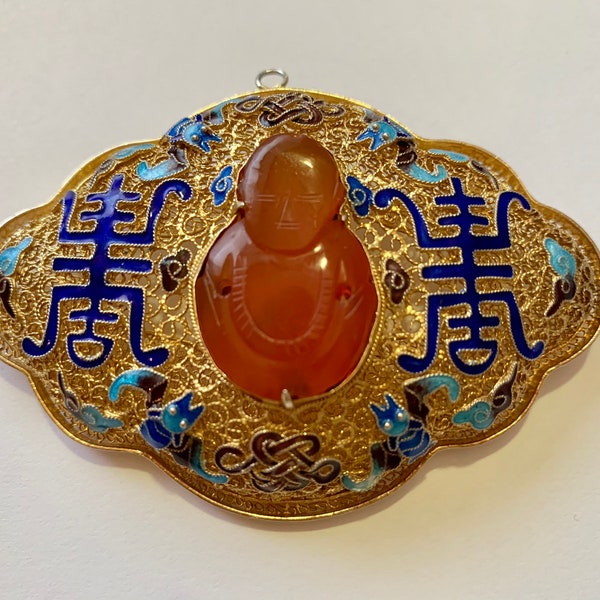 Large Vintage Chinese Gold Gilt Silver Filigree Enamel Carved Carnelian Fu Lu Sho Brooch or Pendant