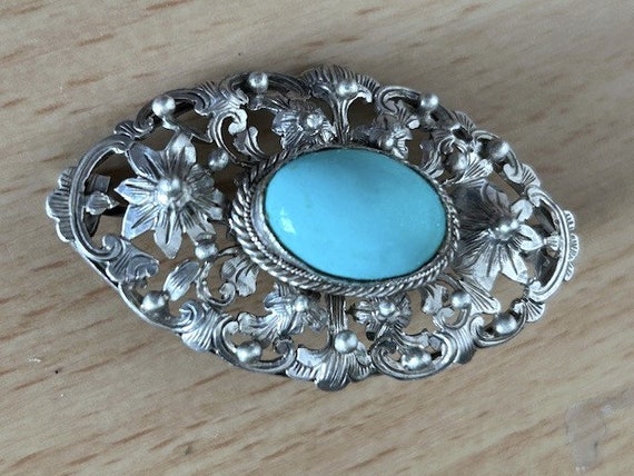 Antique Art Nouveau Silver Repousse Natural Blue … - image 2