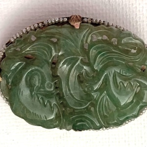 Antique Art Deco Chinese 14K Yellow Gold Apple Green Jadeite Jade Brooch with Seed Pearls Around Phoenix and Floral Scene
