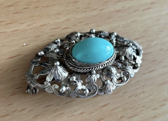 Antique Art Nouveau Silver Repousse Natural Blue … - image 3