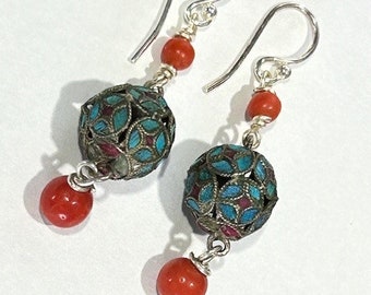 Vintage Chinese Sterling Silver Red Coral Kingfisher Feather Dangling Earrings