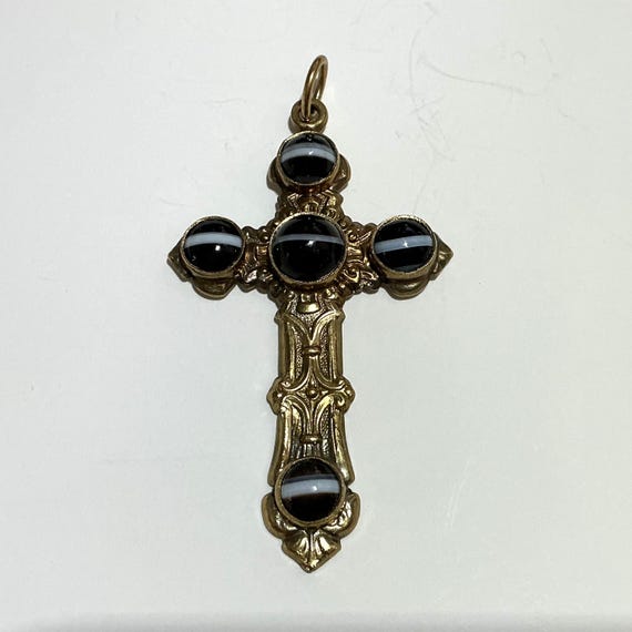 Antique Victorian Gilt Metal Banded Agate Cross Pendant
