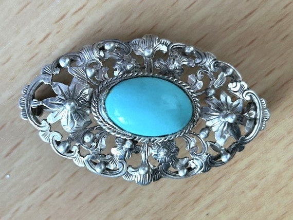Antique Art Nouveau Silver Repousse Natural Blue … - image 1