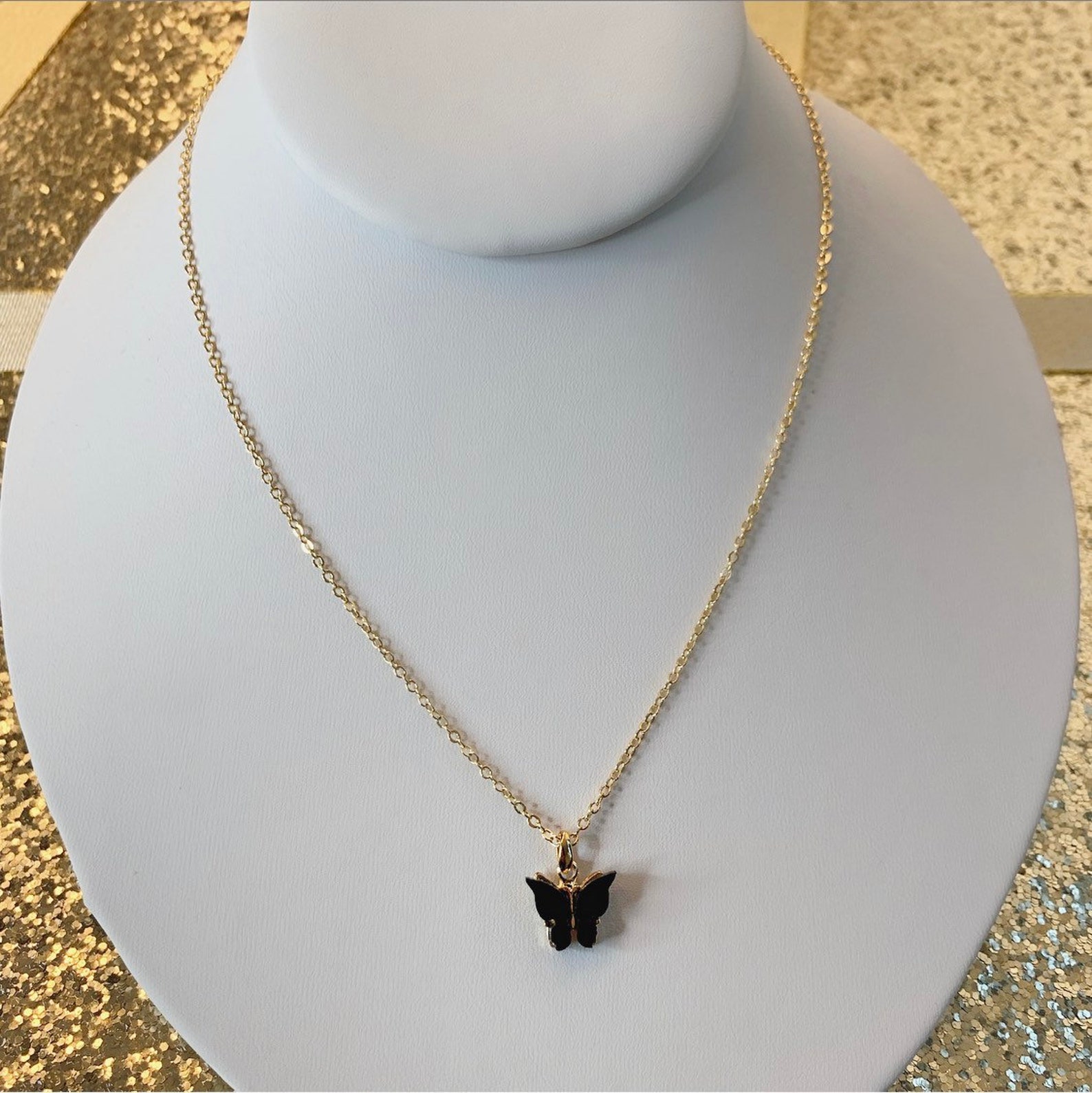 Black butterfly pendant necklace. Gold plated Etsy