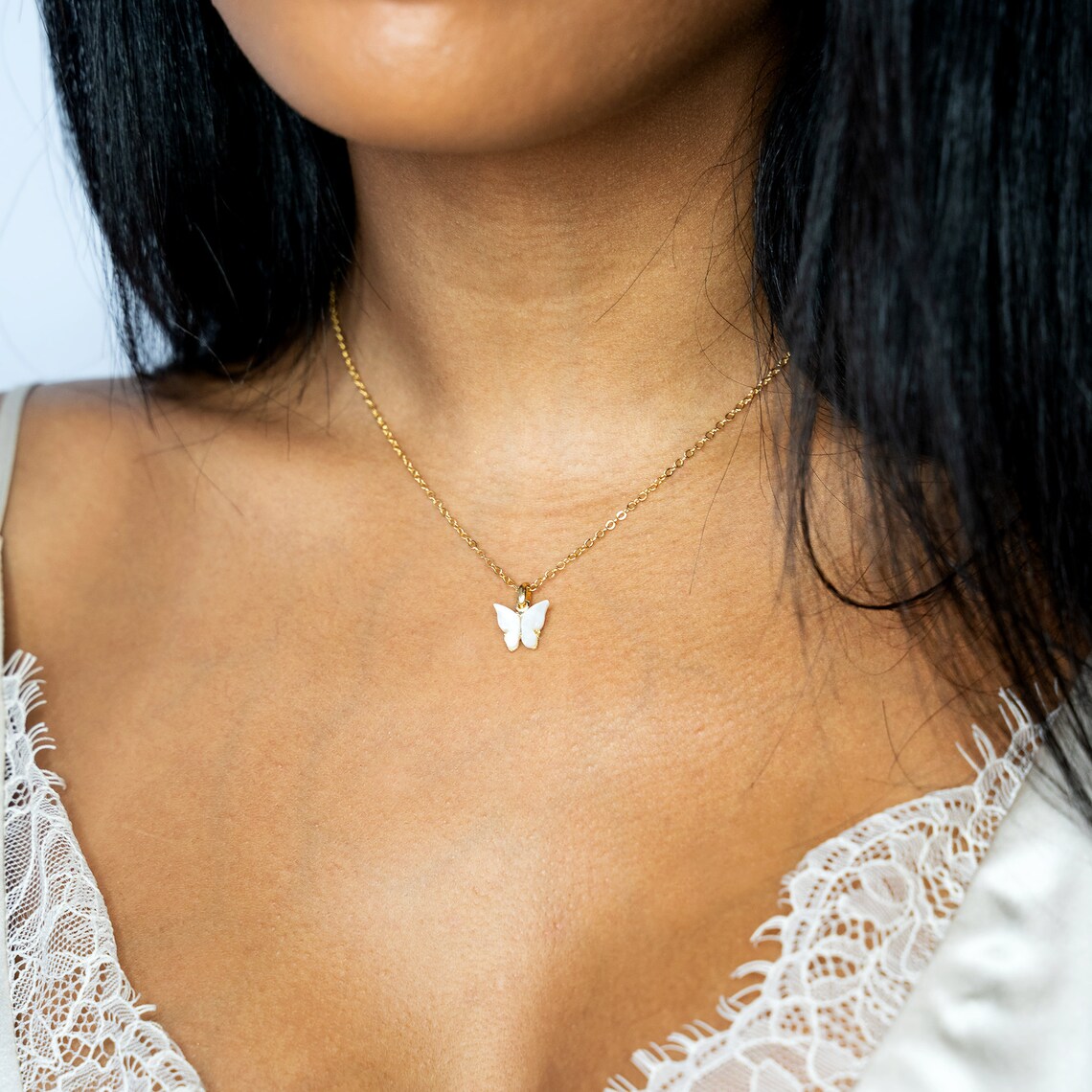 Pearl white butterfly pendant necklace. Gold plated Etsy