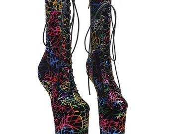 Heelless Exotic Pole Dance Shoes Mid Calf Graffiti Boots - 8 inch - Size Eu41