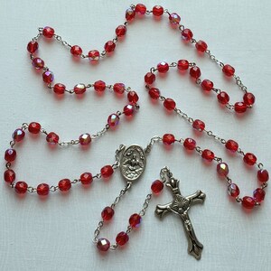 Iridescent Red Catholic Rosary with Holy Spirit Centerpiece