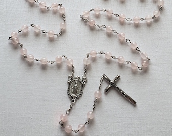 Rose Quartz Crystal Gemstone Catholic Rosary with Miraculous Medal Centerpiece
