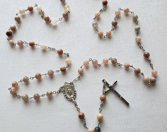 Sunstone Gemstone Bead Catholic Rosary with Miraculous Medal Centerpiece