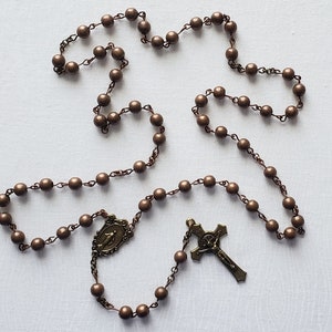 Bronze Toned Metal Bead Catholic Rosary Miraculous Medal Centerpiece and Saint Benedict Crucifix